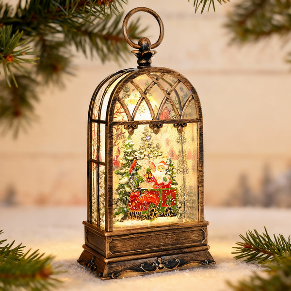Vintage Christmas Lantern Swirling Water with Santa on Red Train